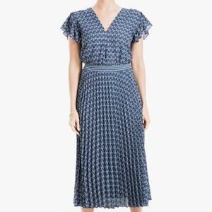 NEW Max Studio Blue Floral Crepe Pleated Short Sleeve Midi Dress